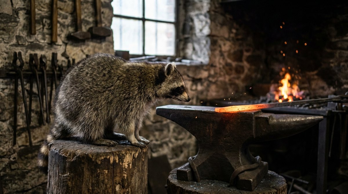Über Wut schreiben: Ein Waschbär sitzt in einer Schmiede neben dem Amboss, im Feuer glüht Eisen