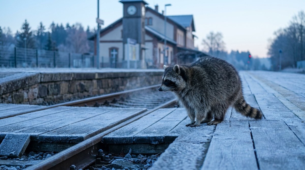 Über Wut schreiben: Ein Waschbär auf einem frostigen Bahnsteig im Morgengrauen