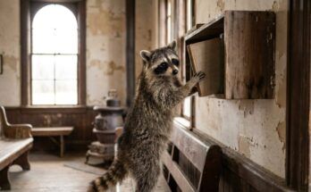 Ungewöhnliche Fragen finden: Ein Waschbär zieht im alten Wartesaal ein Buch aus dem Bücherregal