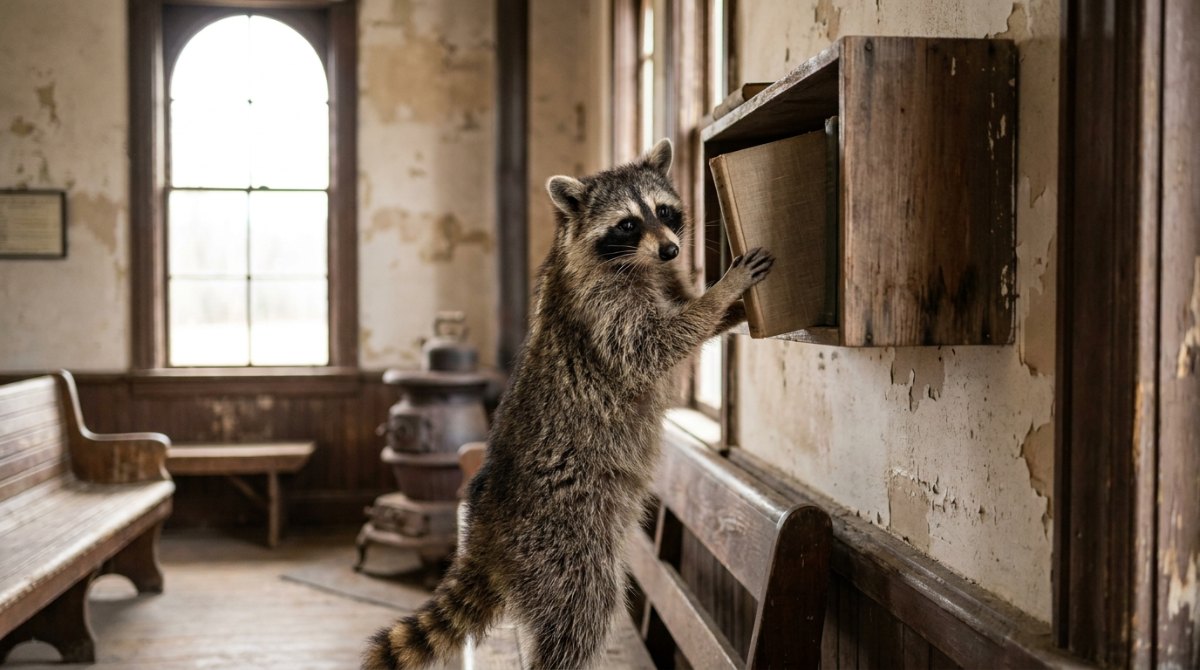Ungewöhnliche Fragen finden: Ein Waschbär zieht im alten Wartesaal ein Buch aus dem Bücherregal