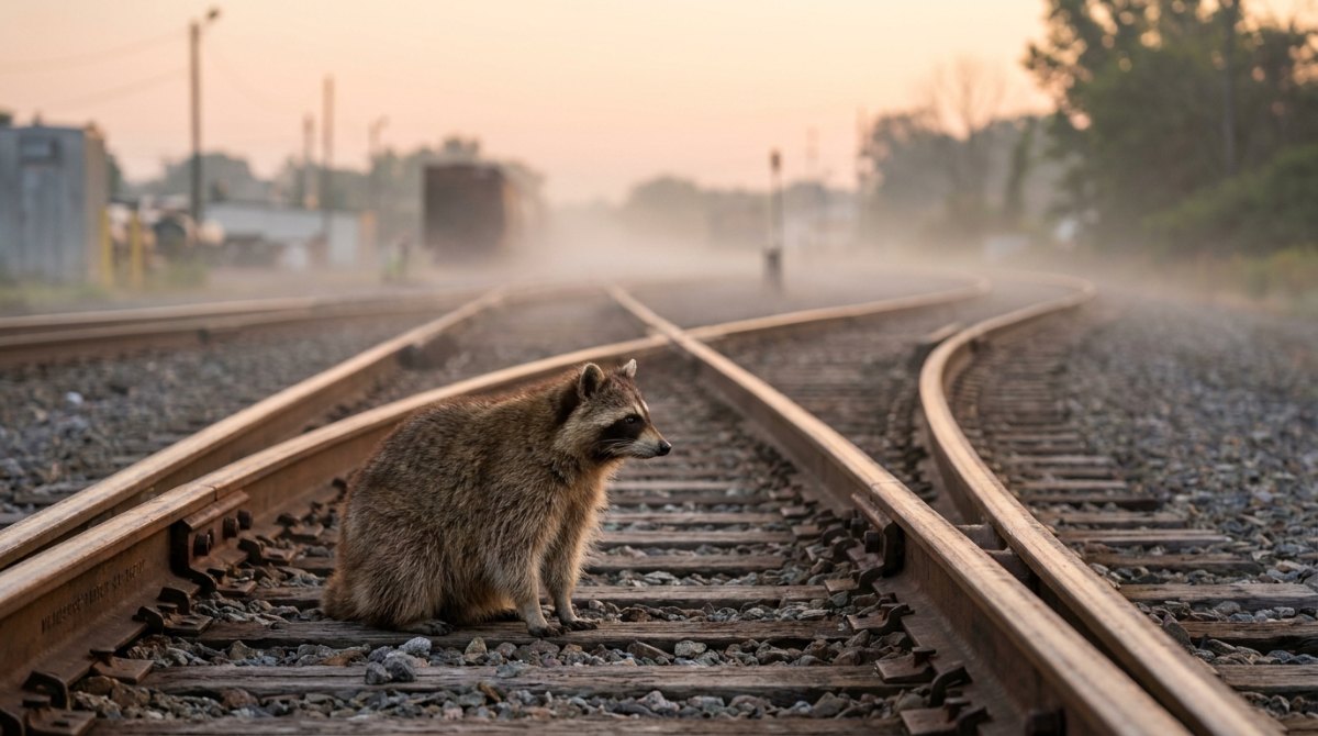 Jede ungewöhnliche Frage eine Weiche: Ein Waschbär sitzt im Morgennebel zwischen auseinanderlaufenden Gleisen