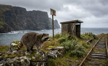 Ungewöhnliche Orte: Ein Waschbär an einem einsamen Haltepunkt an einer Steilküste