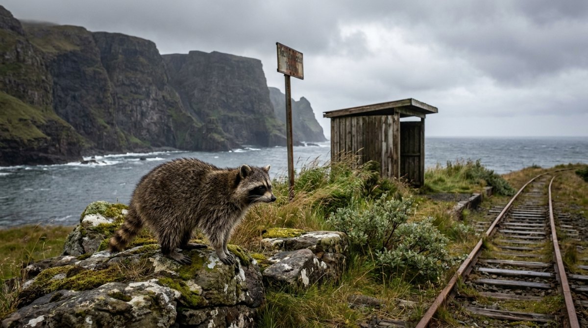 Ungewöhnliche Orte: Ein Waschbär an einem einsamen Haltepunkt an einer Steilküste