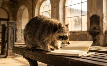 Unsichtbare Texte: Waschbär schnuppert im alten Wartesaal an einem Notizbuch mit leeren Seiten
