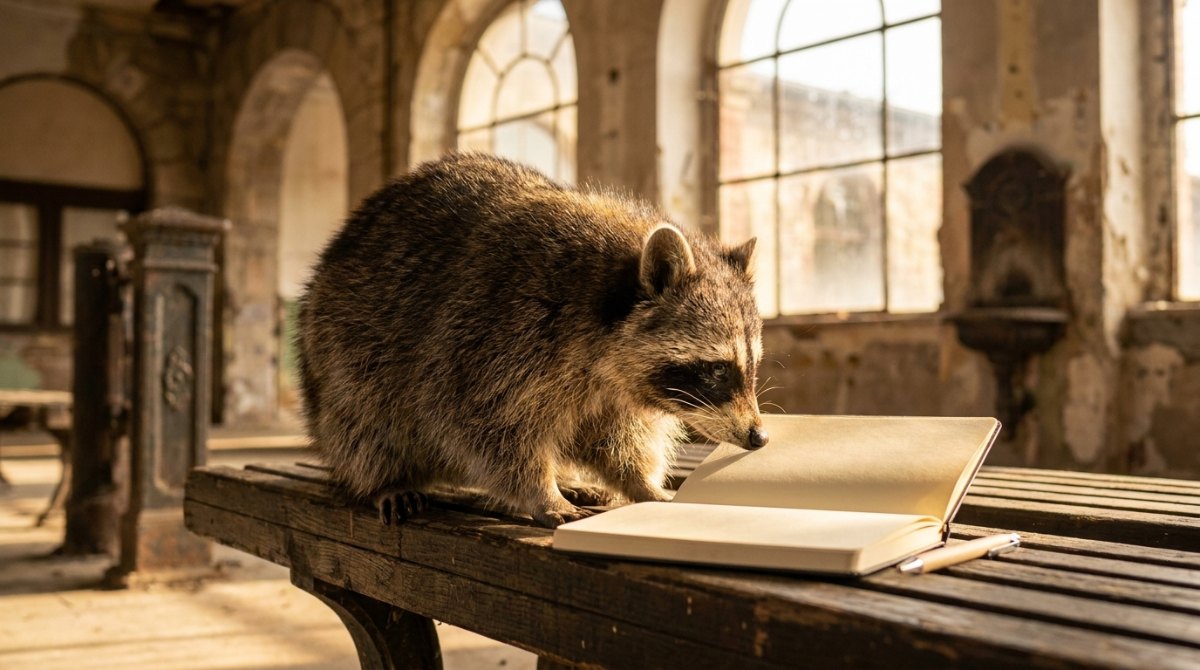 Unsichtbare Texte: Waschbär schnuppert im alten Wartesaal an einem Notizbuch mit leeren Seiten