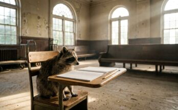 Poetry Slam als Unterrichtsmaterial: ein Waschbär sitzt an einer alten Schulbank im Wartesaal eines Bahnhofs