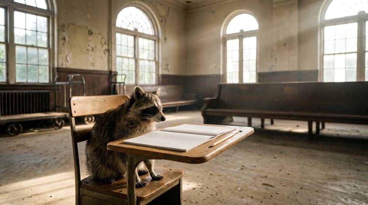 Poetry Slam als Unterrichtsmaterial: ein Waschbär sitzt an einer alten Schulbank im Wartesaal eines Bahnhofs
