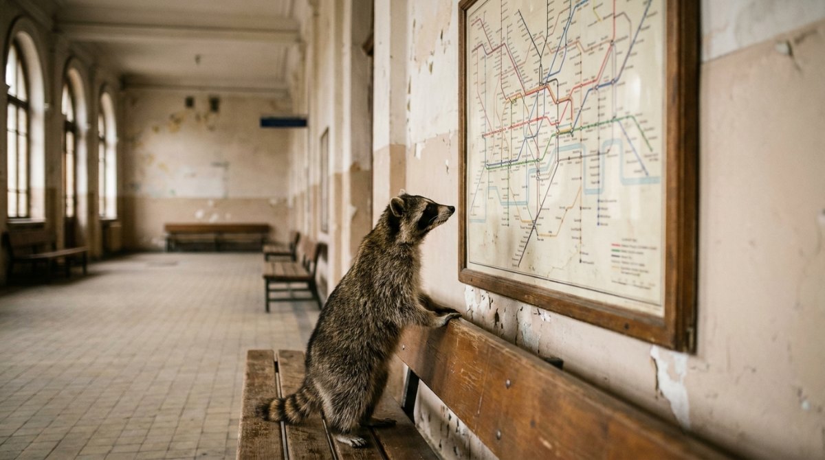 Ein Waschbär steht auf einer Bank und betrachtet eine große Streckenkarte an der Wand