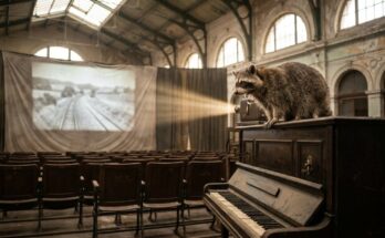 Waschbär auf dem Klavier im alten Bahnhofskino beim Stummfilm – Untertitel für Videos als stumme Fassung