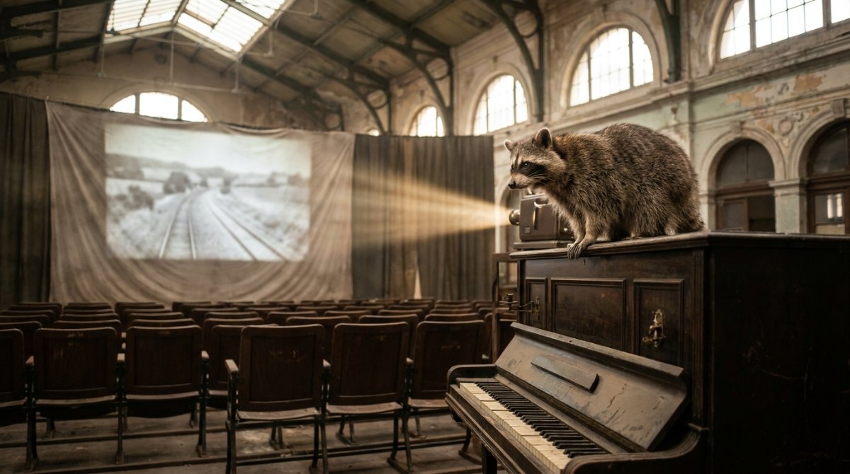 Waschbär auf dem Klavier im alten Bahnhofskino beim Stummfilm – Untertitel für Videos als stumme Fassung