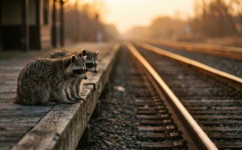 Poetry Slam zum Valentinstag: zwei Waschbären sitzen im Sonnenuntergang nebeneinander an der Bahnsteigkante