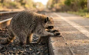 Poetry Slam über den Vater: ein großer Waschbär hilft einem jungen Waschbären auf die Bahnsteigkante