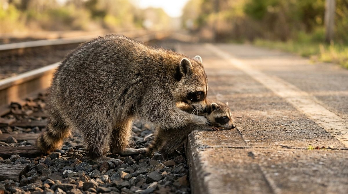 Poetry Slam über den Vater: ein großer Waschbär hilft einem jungen Waschbären auf die Bahnsteigkante