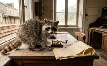 Waschbär am Telegrafenpult im alten Bahnhof – Sinnbild fürs Veranstalter anschreiben mit wenigen Worten