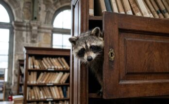 Verbotene Bücher: Ein Waschbär schaut aus einem alten Bücherschrank in einer Bibliothek im Bahnhofsgebäude