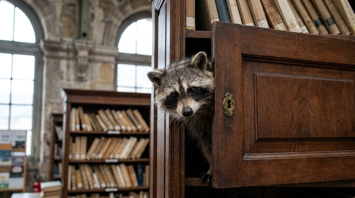 Verbotene Bücher: Ein Waschbär schaut aus einem alten Bücherschrank in einer Bibliothek im Bahnhofsgebäude