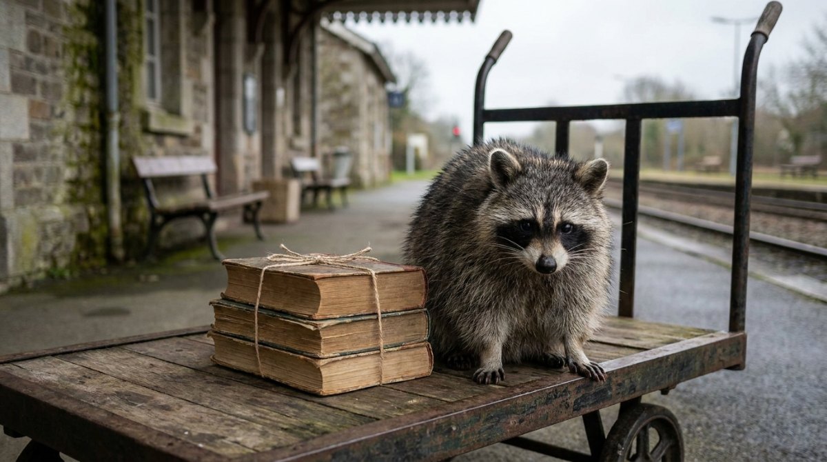 Verbotene Bücher: Ein Waschbär sitzt auf einem Gepäckkarren neben verschnürten alten Büchern