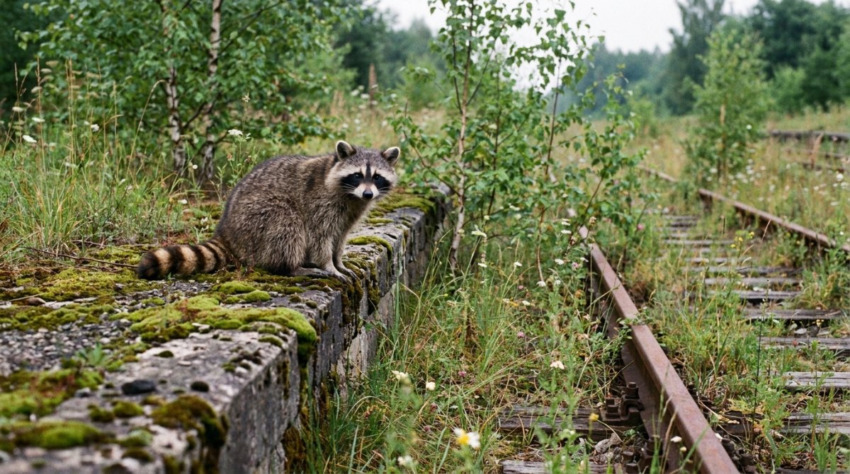 Poetry Slam über Vergänglichkeit: ein Waschbär sitzt auf einem bemoosten, verfallenen Bahnsteig an einer stillgelegten Strecke