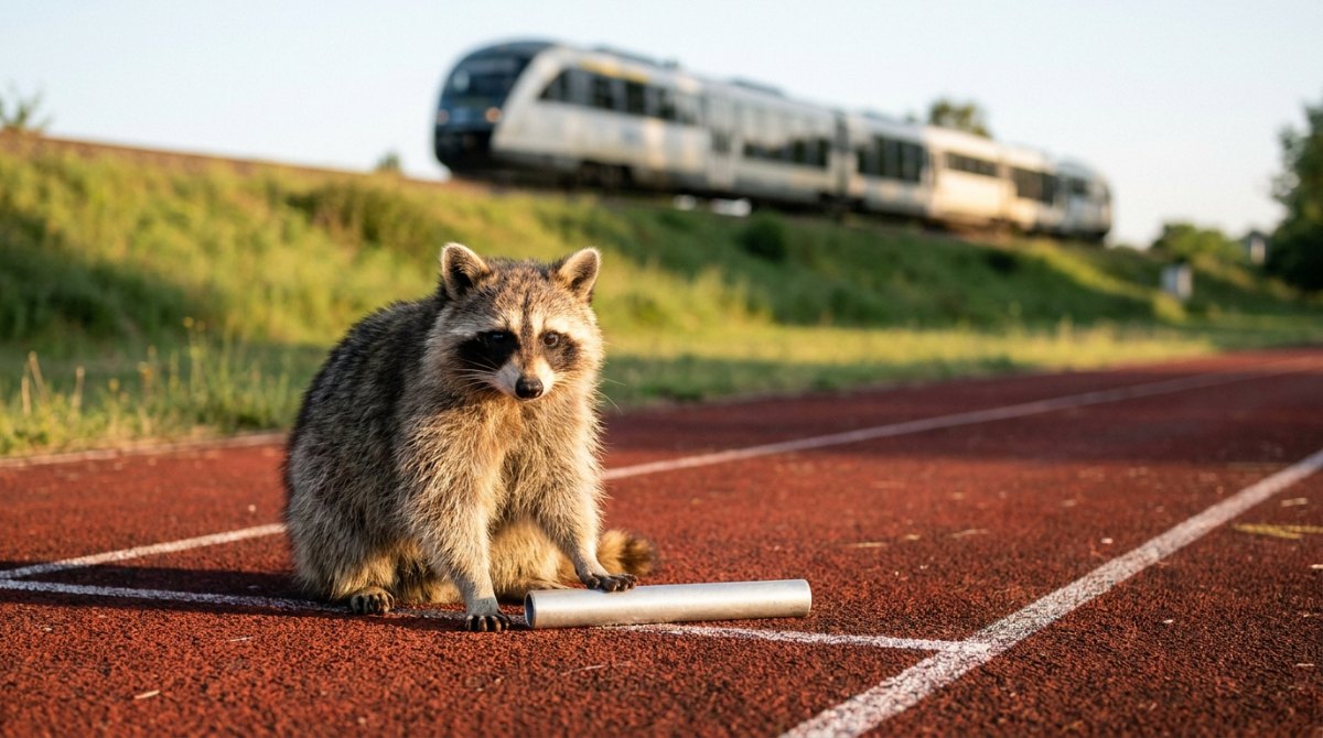 Waschbär zieht einen schweren alten Waggon hinter sich her