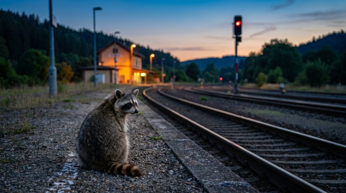 Waschbär fährt leicht weiter, der Waggon rollt zurück ins Depot