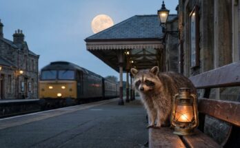 Waschbär neben einer Laterne unter dem Vollmond am Bahnsteig – Vergleiche schreiben