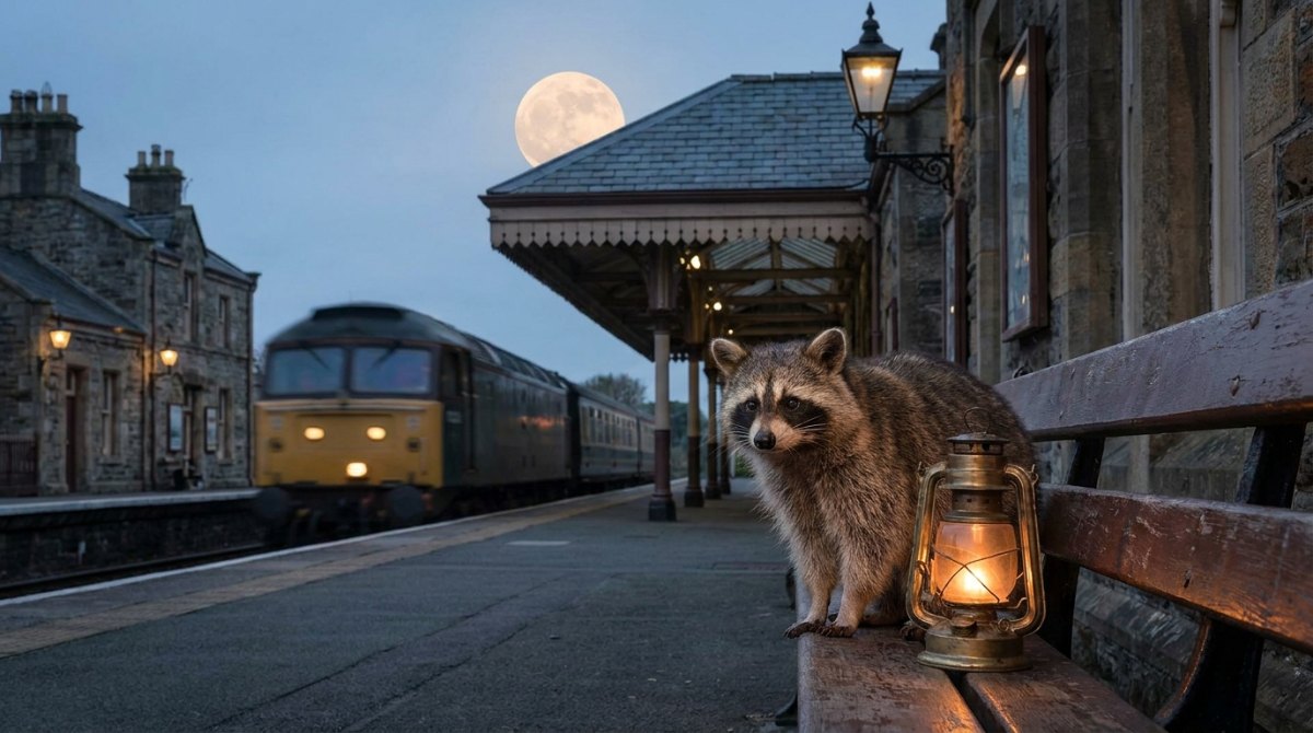 Waschbär neben einer Laterne unter dem Vollmond am Bahnsteig – Vergleiche schreiben