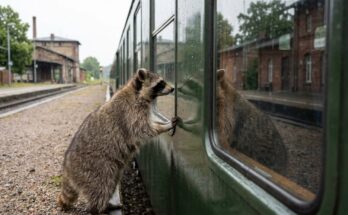 Waschbär betrachtet sein Spiegelbild im Zugfenster – Vergleich mit anderen