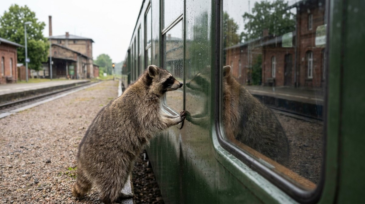 Waschbär betrachtet sein Spiegelbild im Zugfenster – Vergleich mit anderen