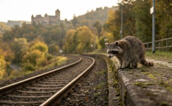 Waschbär an der Bahnsteigkante unterhalb einer Burg – Verletzlichkeit auf der Bühne heißt, die Rüstung abzulegen