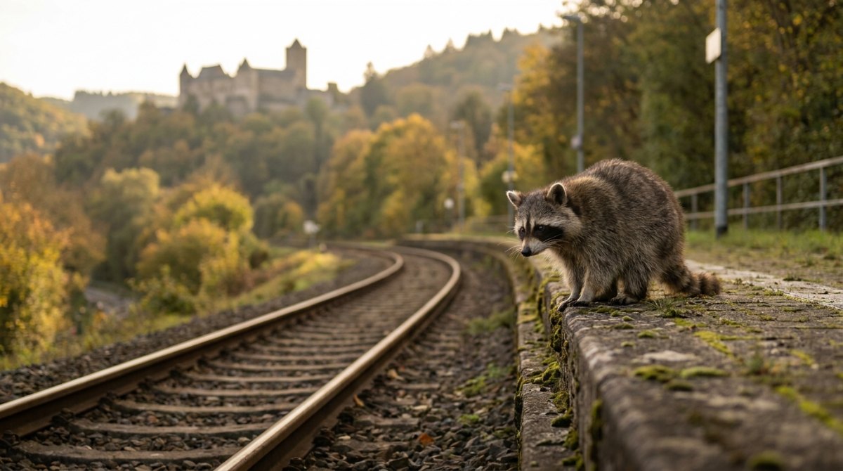 Waschbär an der Bahnsteigkante unterhalb einer Burg – Verletzlichkeit auf der Bühne heißt, die Rüstung abzulegen