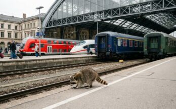 Poetry Slam über Vielfalt: ein Waschbär vor vielen verschiedenen Zügen in einem großen Bahnhof