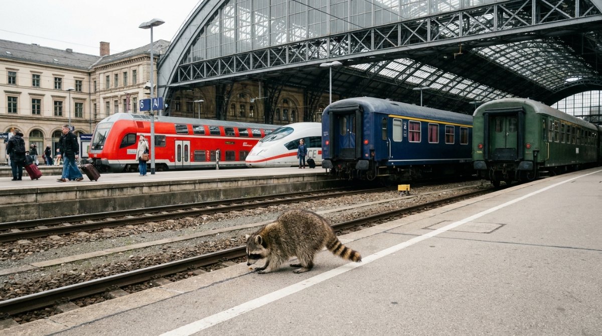 Poetry Slam über Vielfalt: ein Waschbär vor vielen verschiedenen Zügen in einem großen Bahnhof