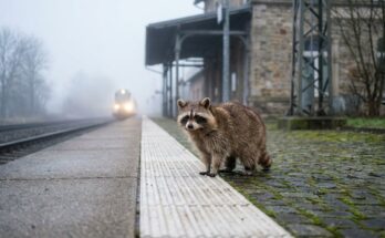 Waschbär wartet an der Sicherheitslinie, während ein Zug einfährt – vor dem Auftritt beruhigen
