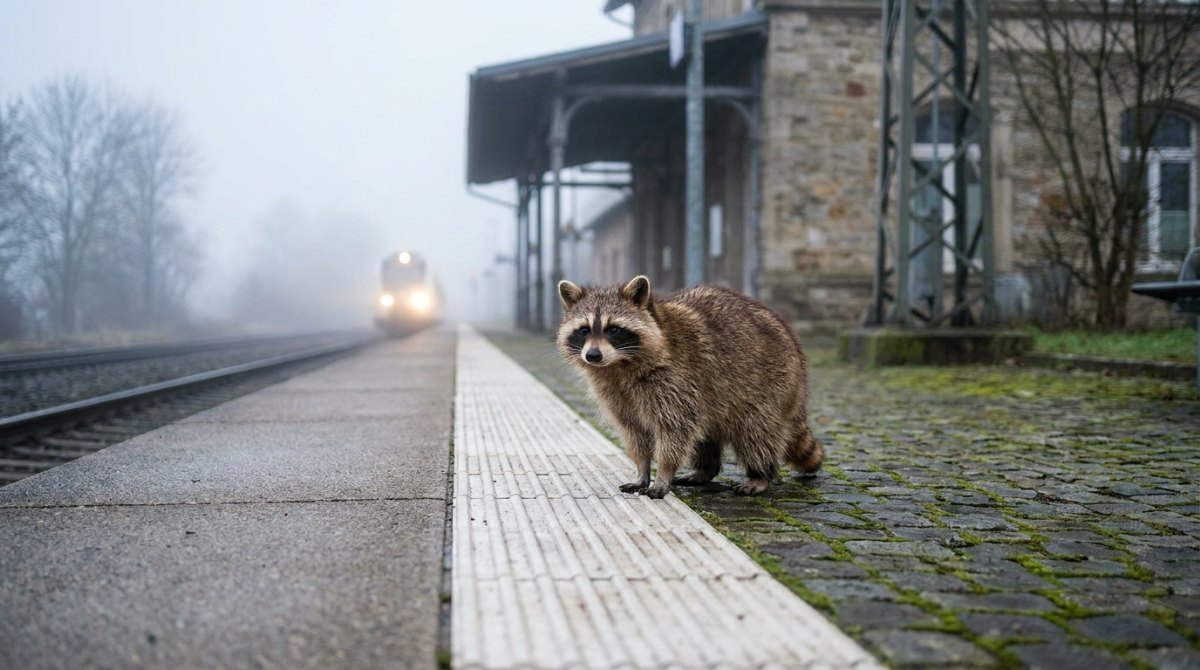 Waschbär wartet an der Sicherheitslinie, während ein Zug einfährt – vor dem Auftritt beruhigen