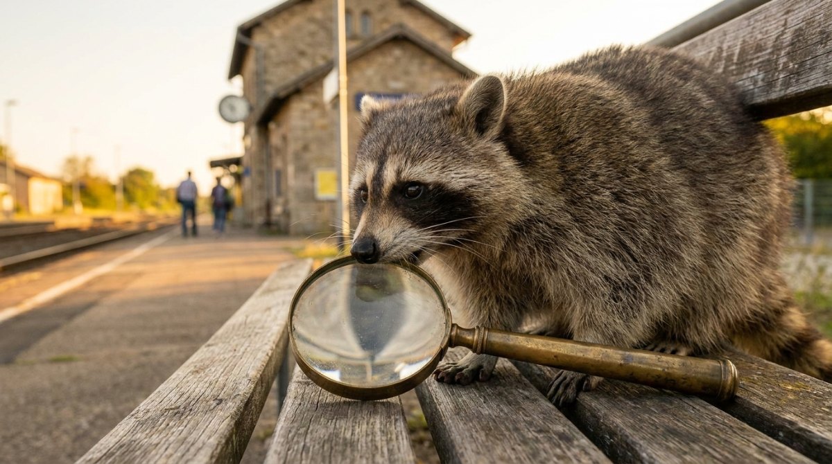 Waschbär mit Lupe auf einer Bahnsteigbank – die Wahrheit über Poetry Slam steht im Kleingedruckten