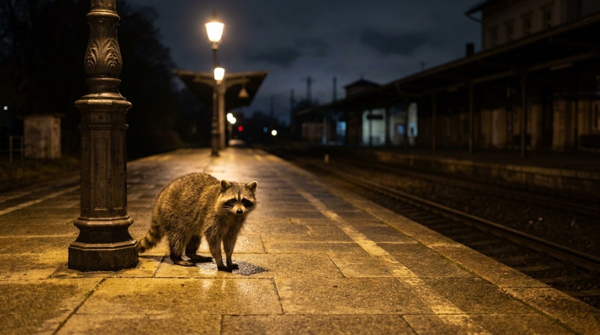 Waschbär allein im Lampenlicht auf dem Bahnsteig – eine Wahrheit über Poetry Slam: niemand wartet auf dich