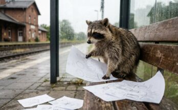 Walt Disney und die Absagen: Waschbär mit Skizzenblättern auf einer Bank am Bahnsteig
