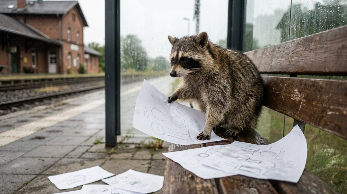 Walt Disney und die Absagen: Waschbär mit Skizzenblättern auf einer Bank am Bahnsteig