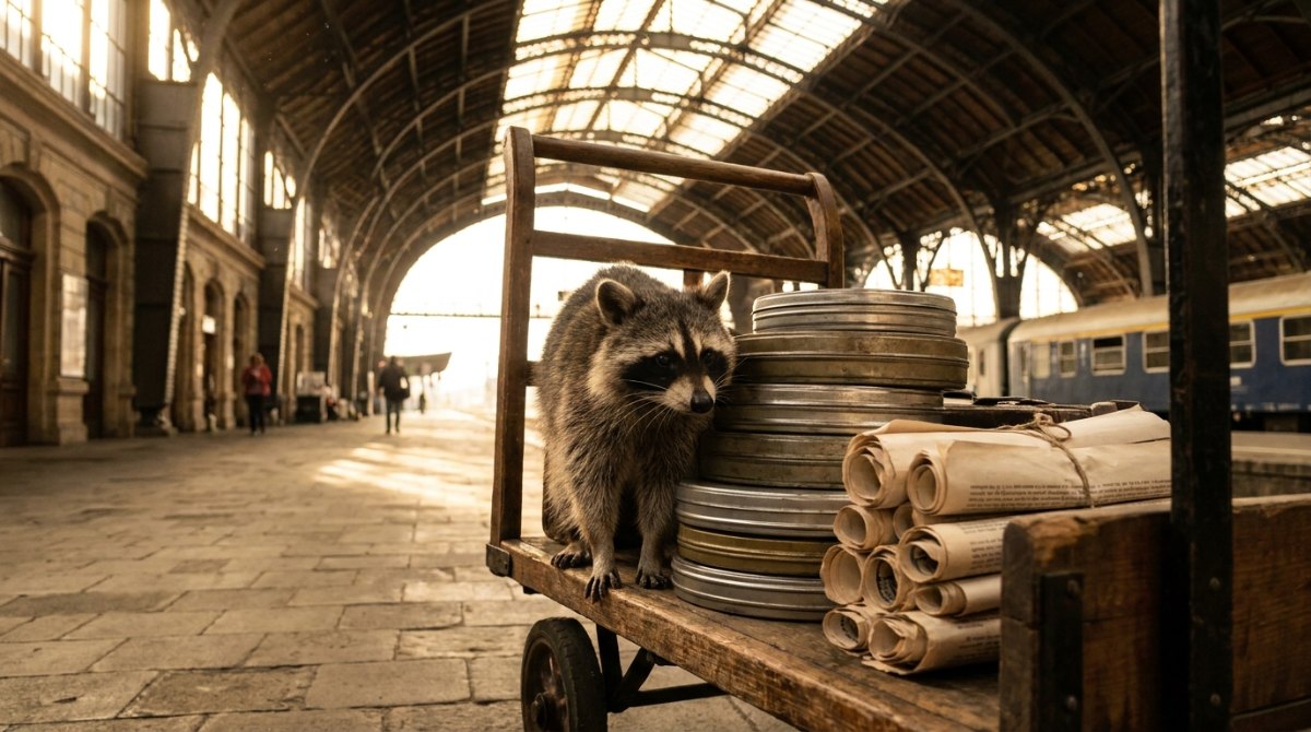 Walt Disney und der Zeichentrick: Waschbär auf einem Gepäckwagen mit Filmdosen in der Bahnhofshalle