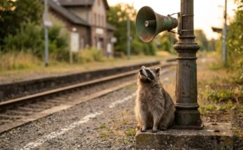 Waschbär schaut zum Bahnhofslautsprecher hoch – Warten als Metapher