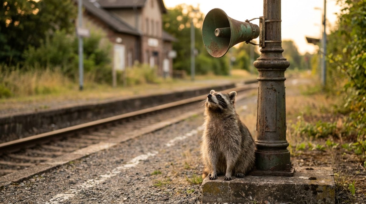 Waschbär schaut zum Bahnhofslautsprecher hoch – Warten als Metapher