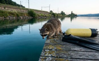 Poetry Slam Warum Fragen: Waschbär schaut vom Steg in die Tiefe eines Sees am Bahndamm