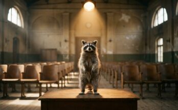 Was ist Poetry Slam: ein Waschbär steht im Scheinwerferlicht auf einer kleinen Bühne in einer alten Bahnhofshalle