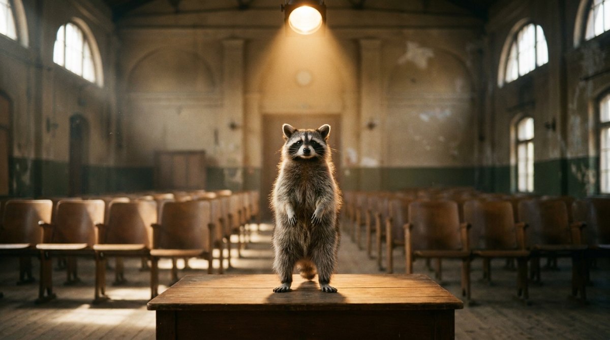Was ist Poetry Slam: ein Waschbär steht im Scheinwerferlicht auf einer kleinen Bühne in einer alten Bahnhofshalle