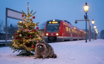 Poetry Slam zu Weihnachten: ein Waschbär sitzt auf dem verschneiten Bahnsteig neben einem geschmückten Christbaum