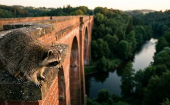 Waschbär auf der Brüstung eines hohen Ziegelviadukts über einem Flusstal – wer nichts riskiert, kann jede Wertung verlieren