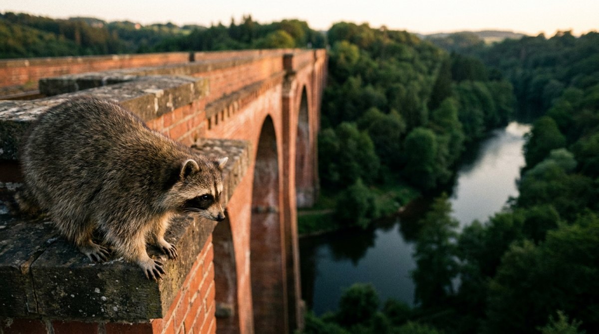 Waschbär auf der Brüstung eines hohen Ziegelviadukts über einem Flusstal – wer nichts riskiert, kann jede Wertung verlieren