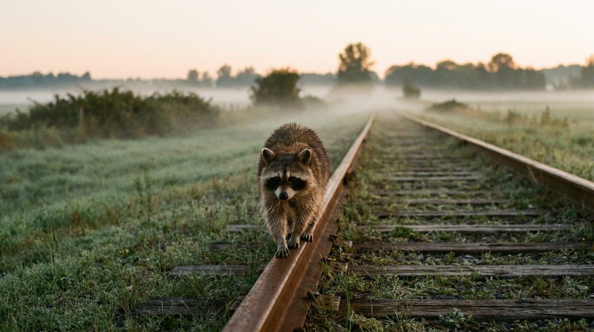 Waschbär balanciert auf einer Schiene durch flaches, nebliges Ackerland – flache Texte lassen dich die Wertung verlieren