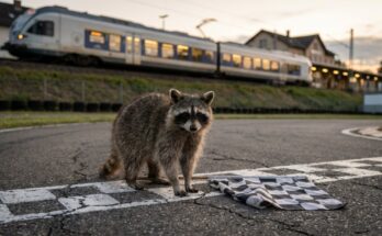 Wie funktioniert ein Poetry Slam Wettbewerb: Waschbär an der Startlinie einer Kartbahn neben der Bahnstrecke, daneben die Zielflagge