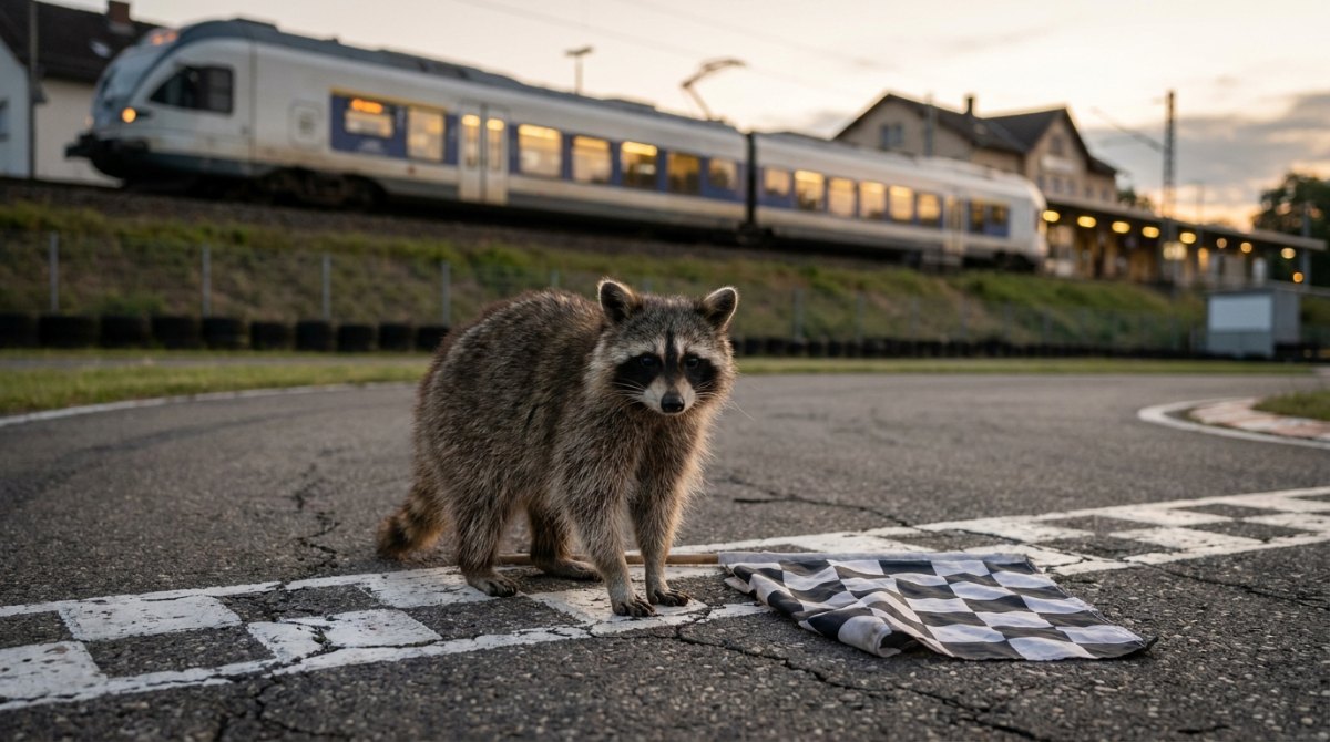 Wie funktioniert ein Poetry Slam Wettbewerb: Waschbär an der Startlinie einer Kartbahn neben der Bahnstrecke, daneben die Zielflagge